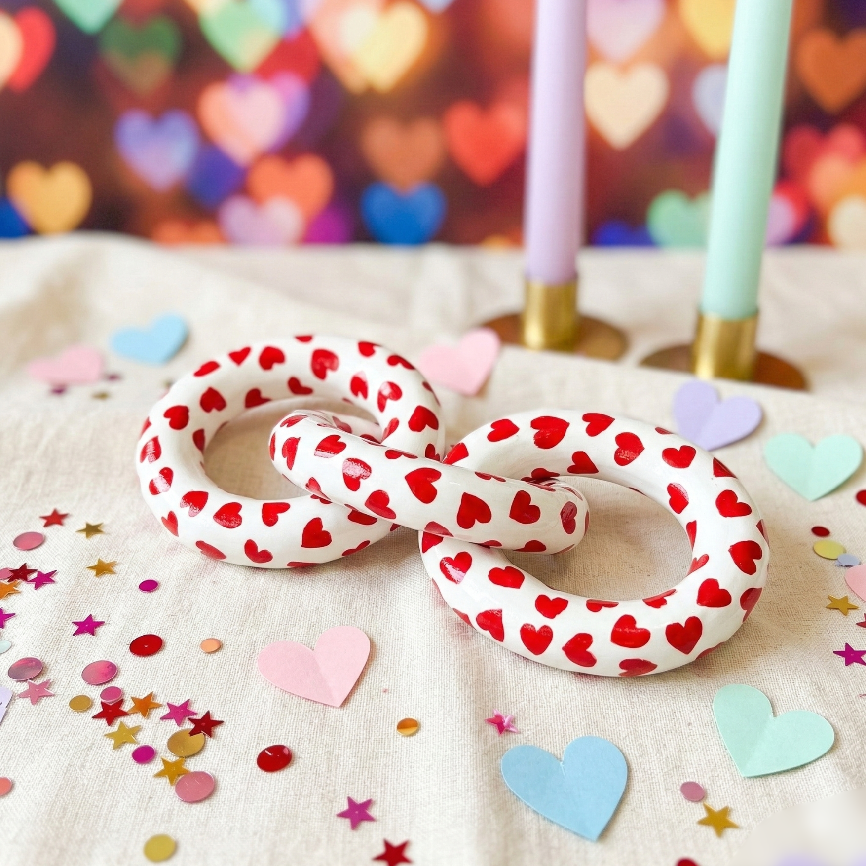 Decorative Wooden Link Chain with Handpainted Hearts