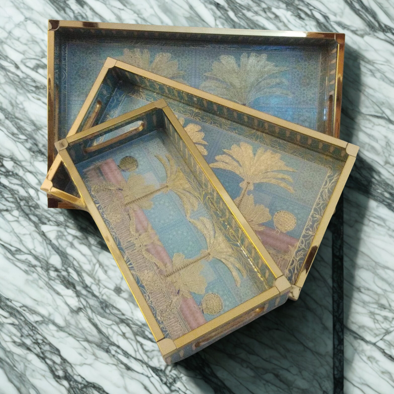 Decorative Wooden Tray Set of 3 with Tree Artwork
