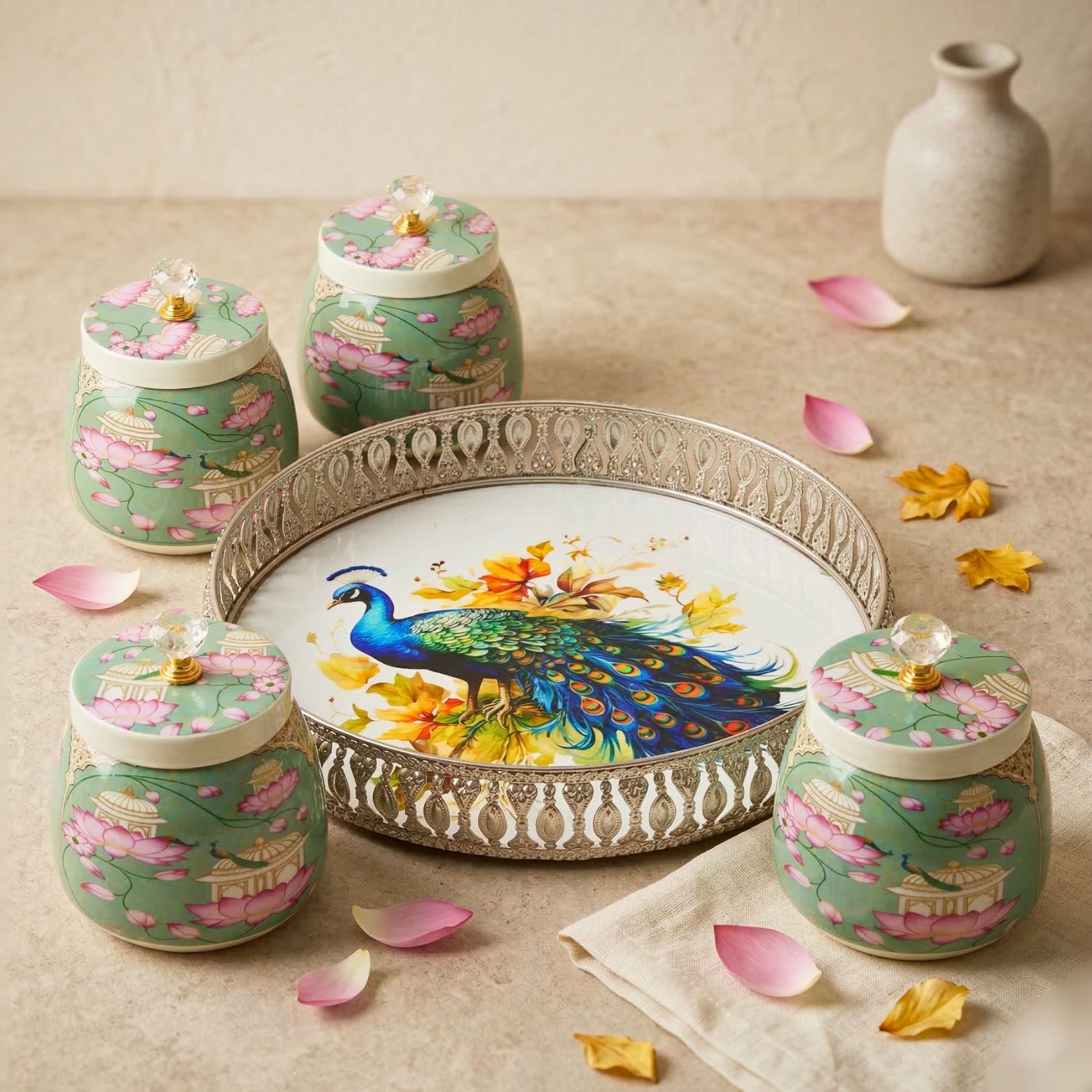 Premium Decorative Tray with Metal 4pcs Jar Set