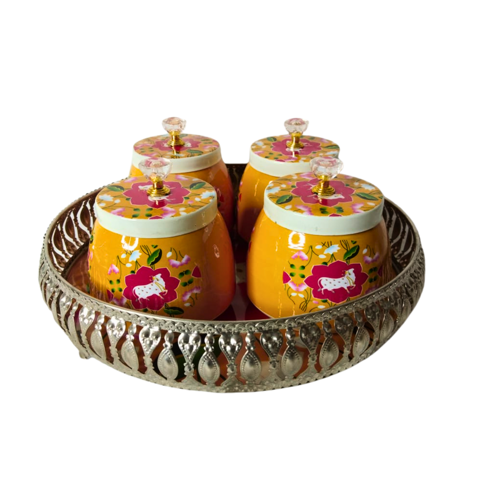 Premium Decorative Tray with Metal 4pcs Jar Set