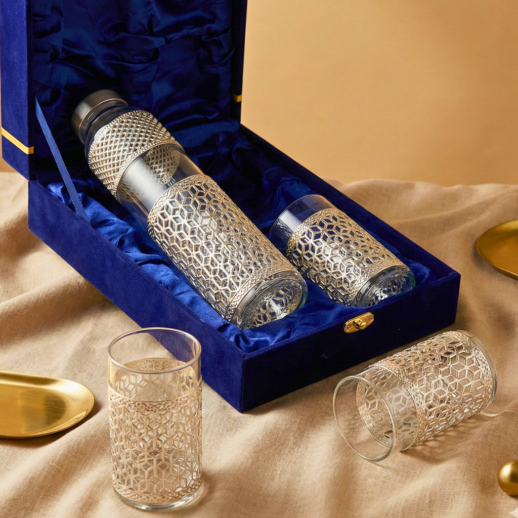 Aurelia Luxe Designer German Silver Bottle & Glass Set