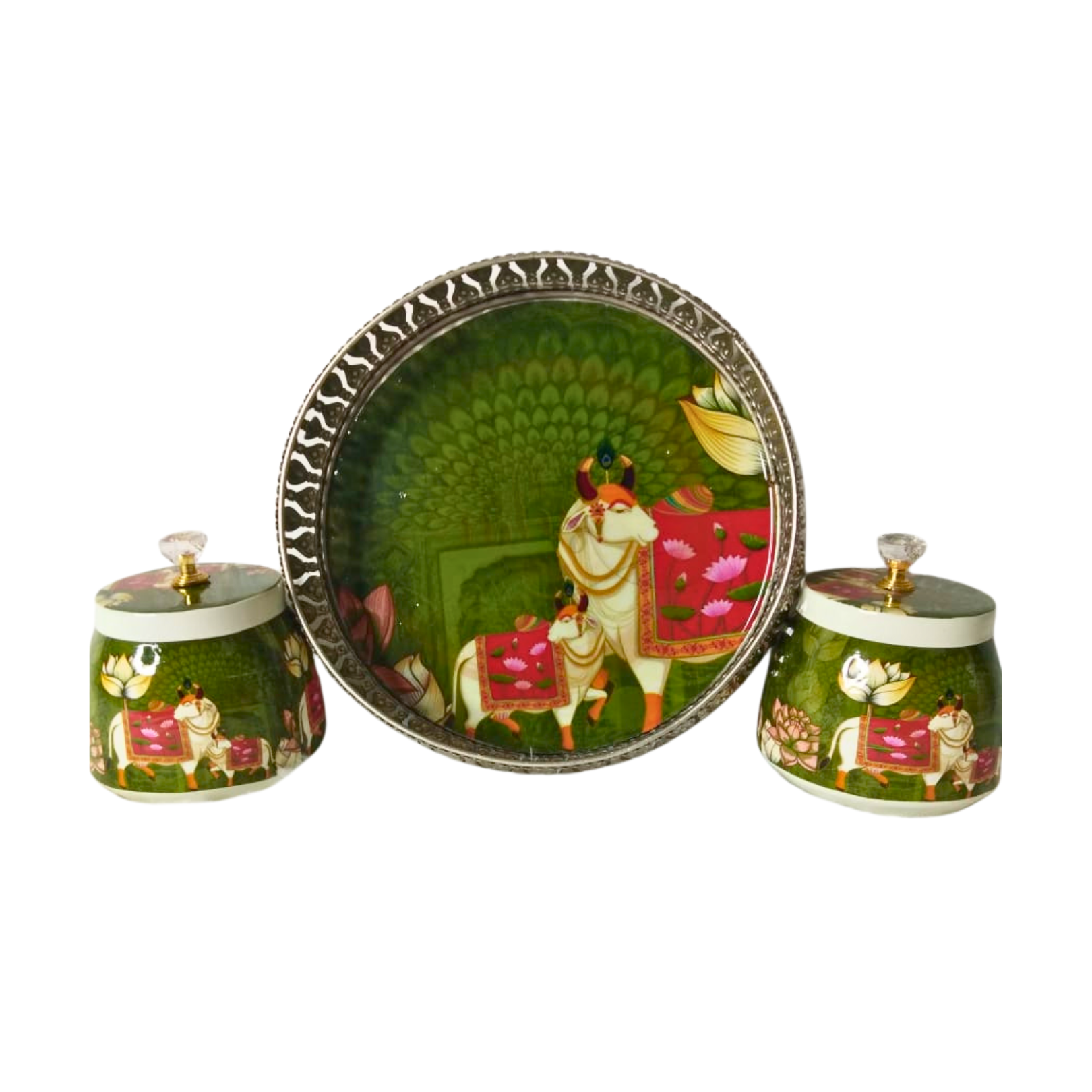 Premium Decorative Tray with Metal 4pcs Jar Set