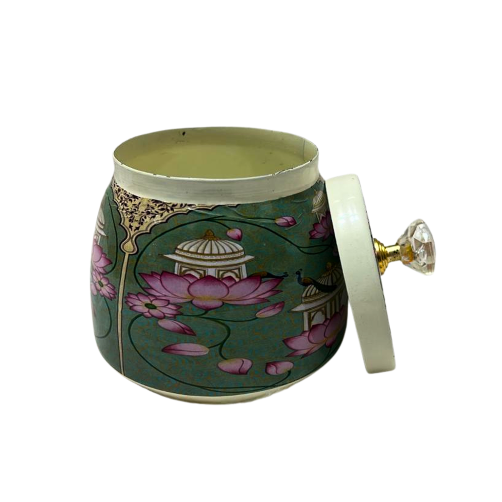 Decorative Enamel Metal Jar with Lid- Multipurpose Small Storage Container