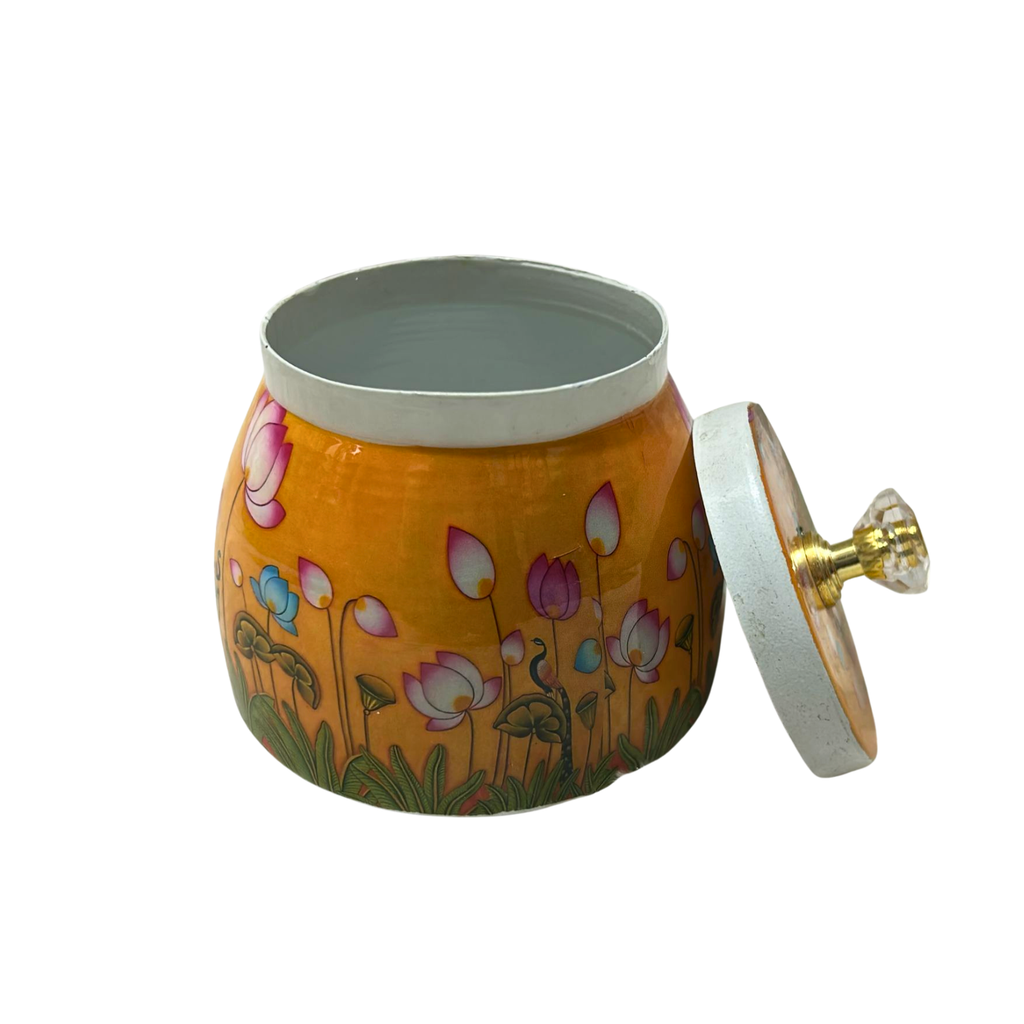 Decorative Enamel Metal Jar with Lid- Multipurpose Small Storage Container
