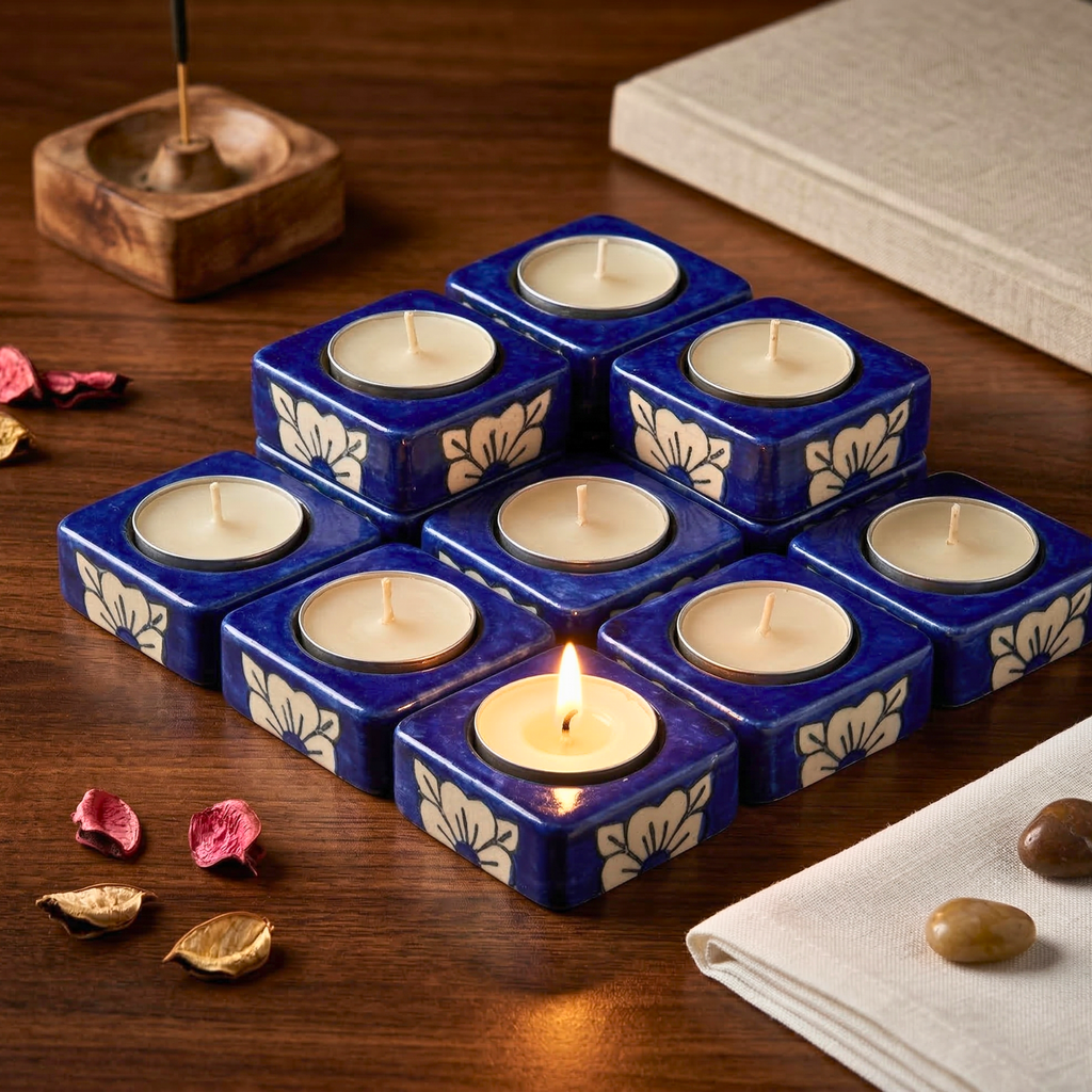 Handpainted Ceramic Square Tea Light Holder Set of 8