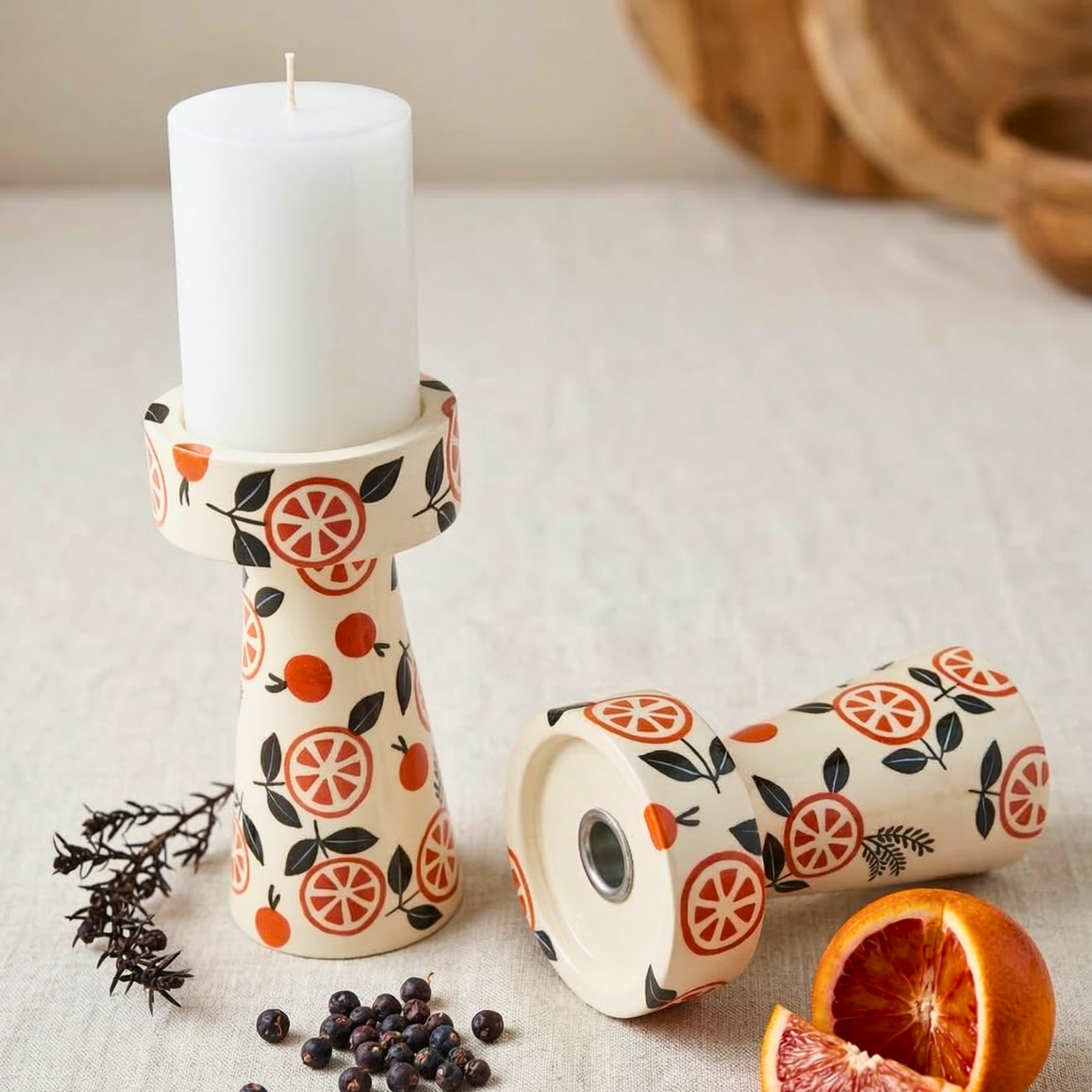 Hand-Painted Citrus Design Wooden Candle Holder Set of 2