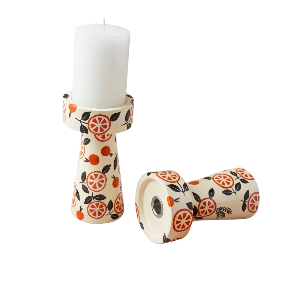 Hand-Painted Citrus Design Wooden Candle Holder Set of 2