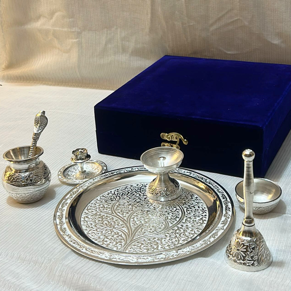 German Silver Aluminum Pooja Thali Set with Premium Velvet Box