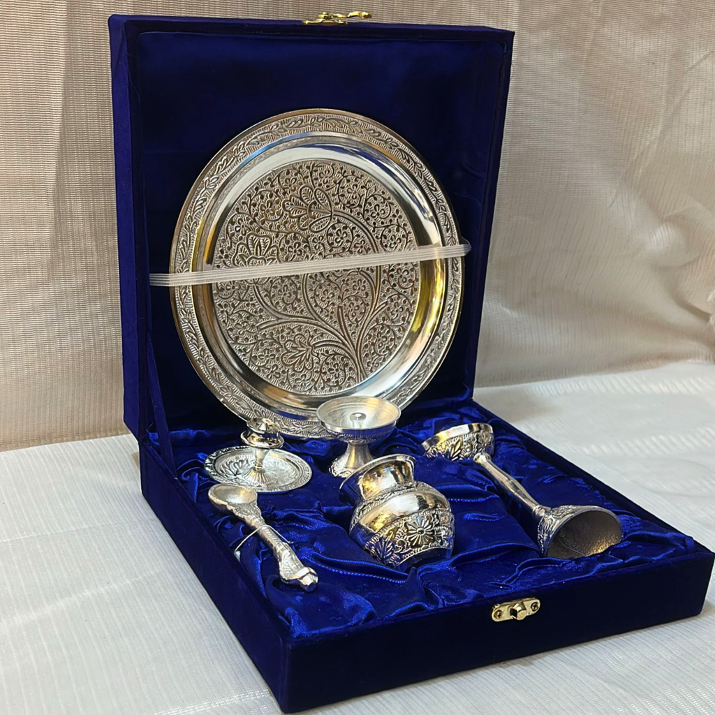 German Silver Aluminum Pooja Thali Set with Premium Velvet Box