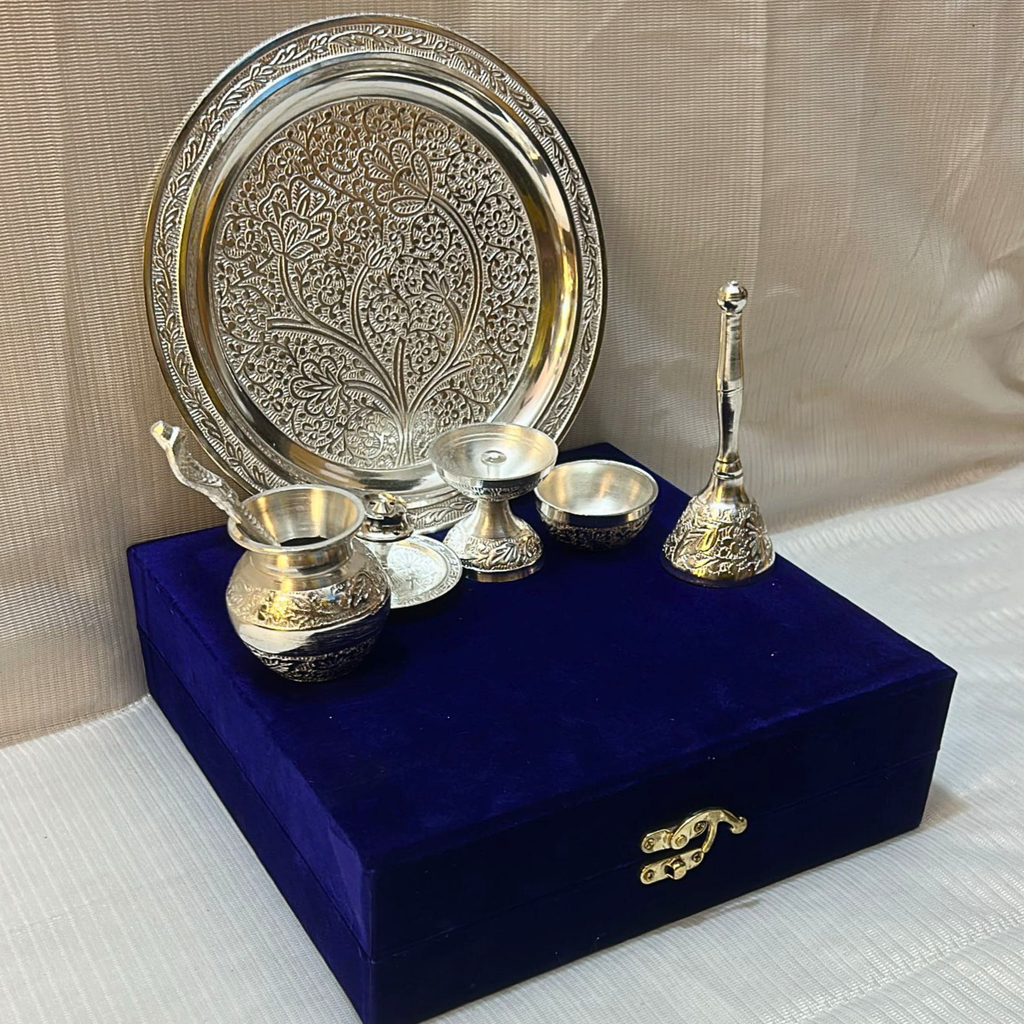 German Silver Aluminum Pooja Thali Set with Premium Velvet Box