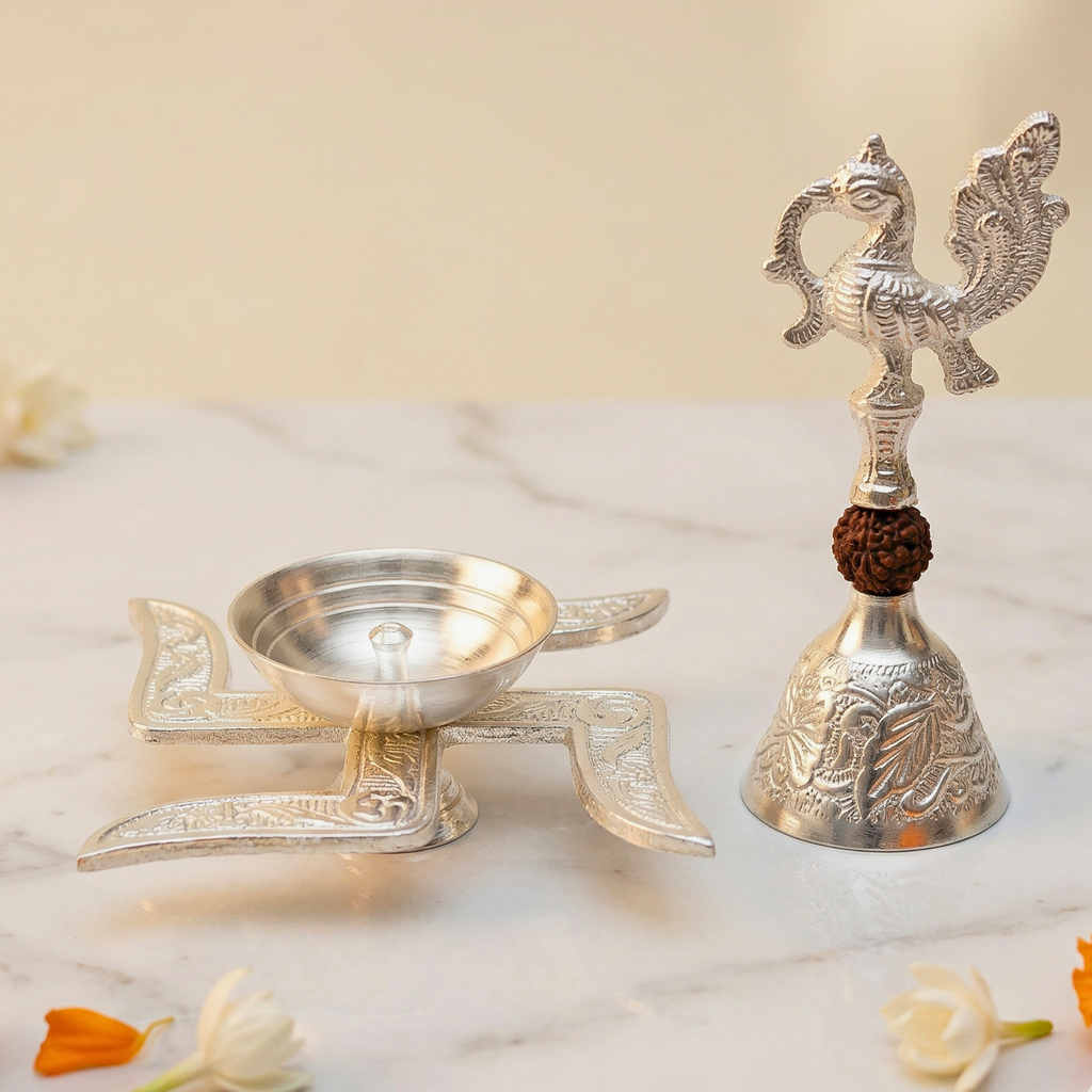 Traditional Swastik Diya and Bell Set in Silver Finish: Pooja Essentials Combo