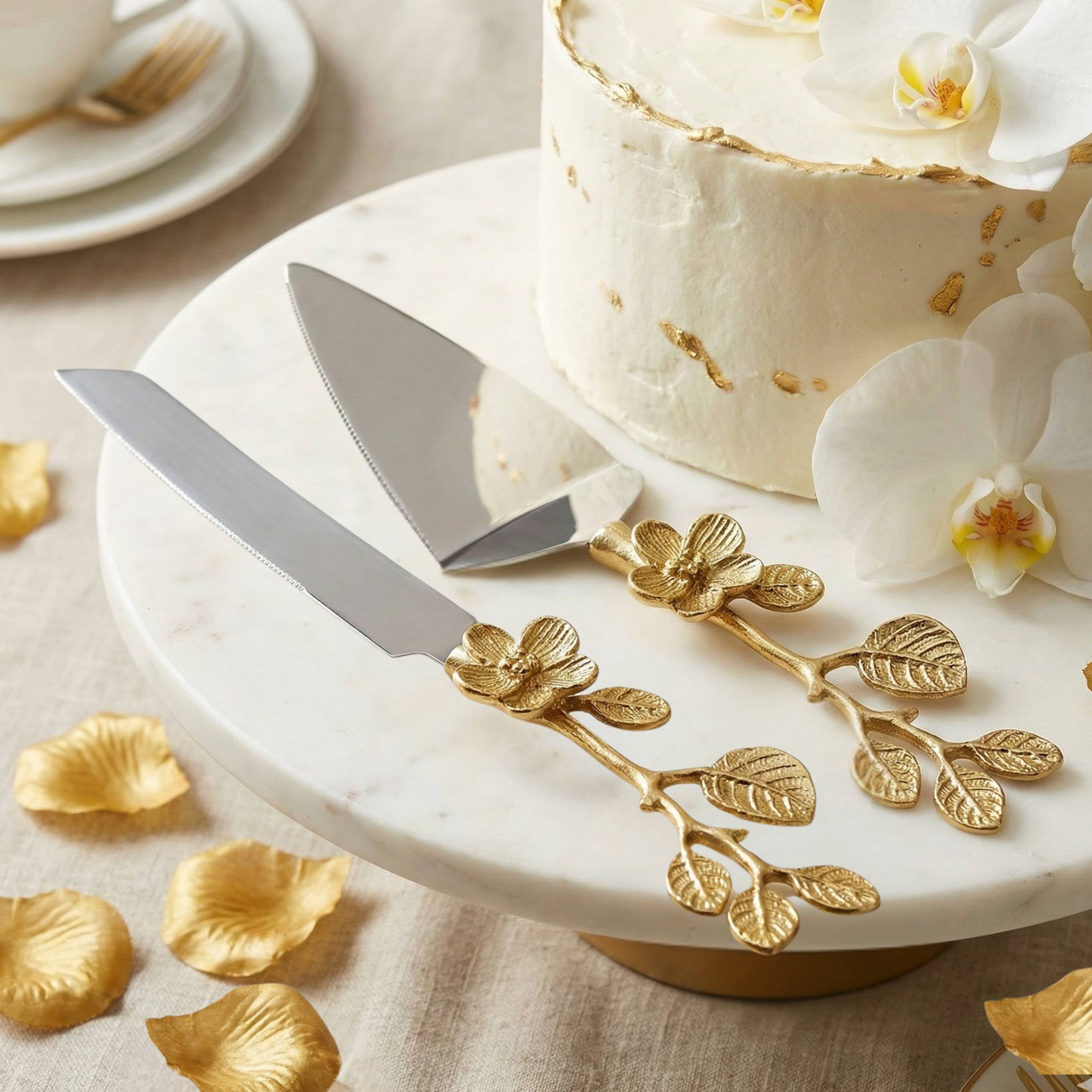 Cake Knife & Server with Floral Handles Set of 2