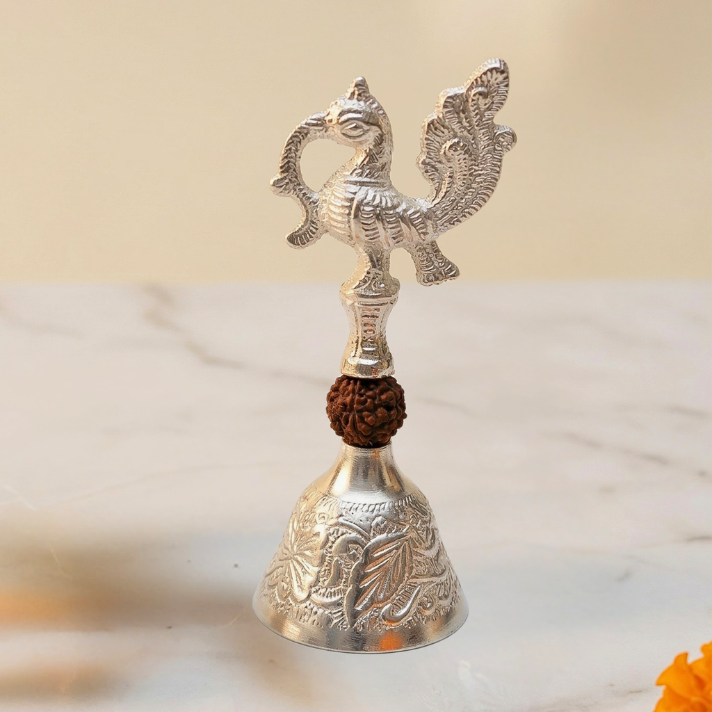 Traditional Swastik Diya and Bell Set in Silver Finish: Pooja Essentials Combo