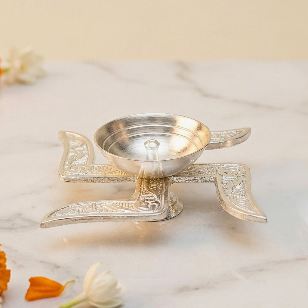 Traditional Swastik Diya and Bell Set in Silver Finish: Pooja Essentials Combo