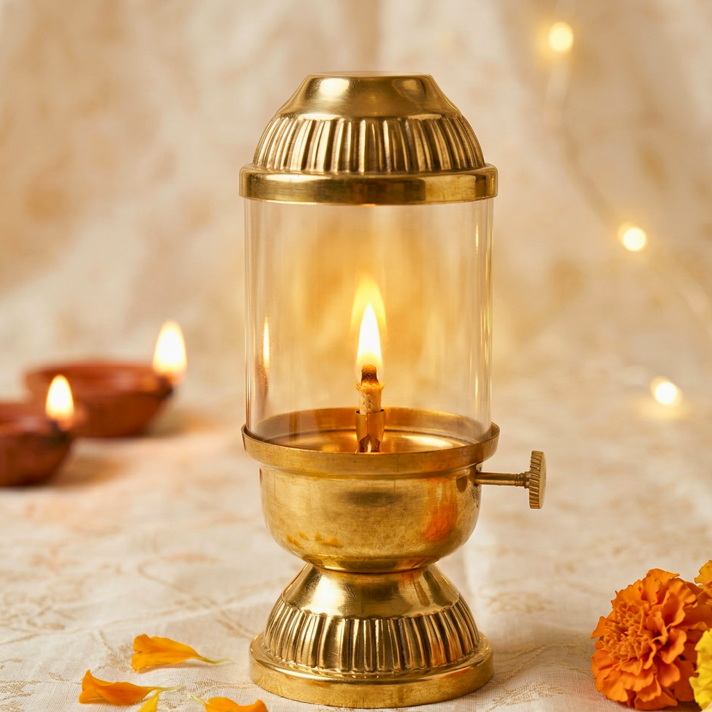 Brass Akhand Jyot Lamp with Glass Chimney: Long Burning for Pooja