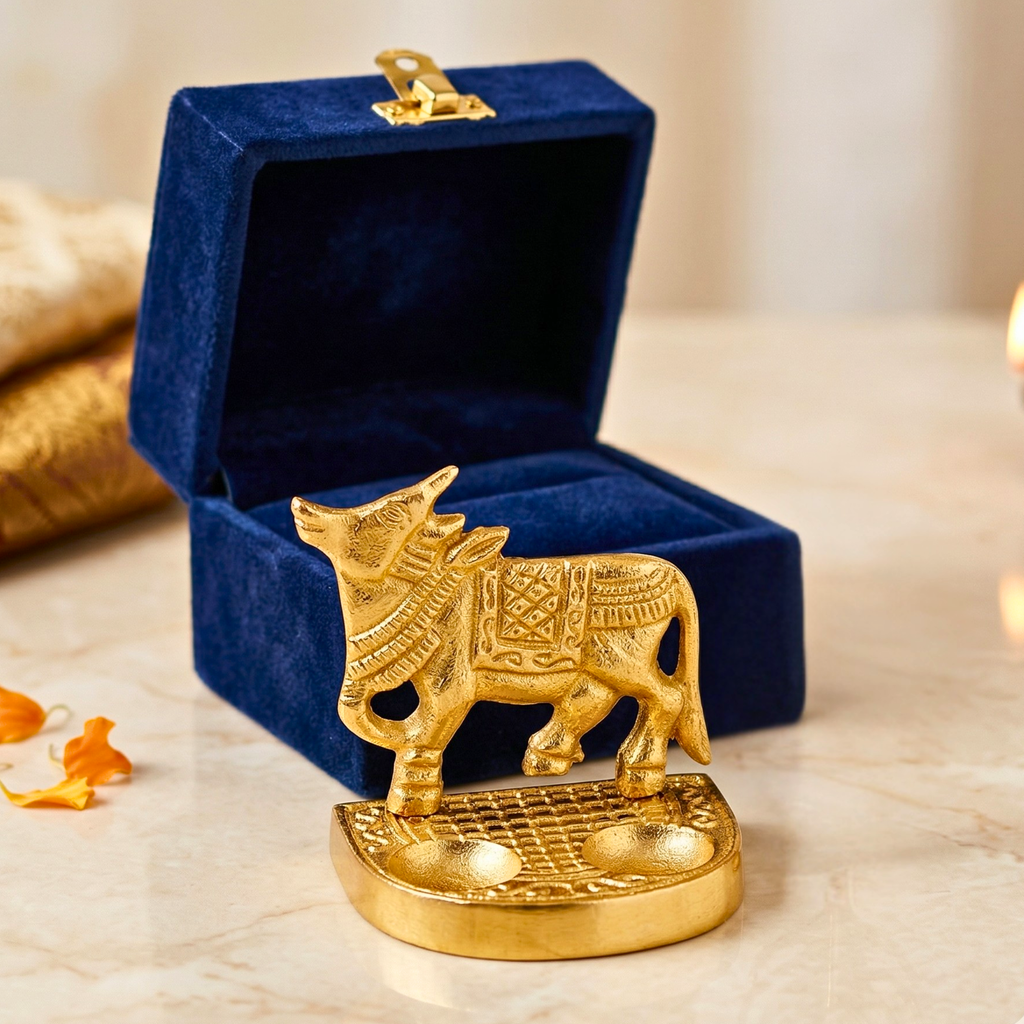 Decorative Kamdhenu Cow Idol Set with Stick & Velvet Gift Box