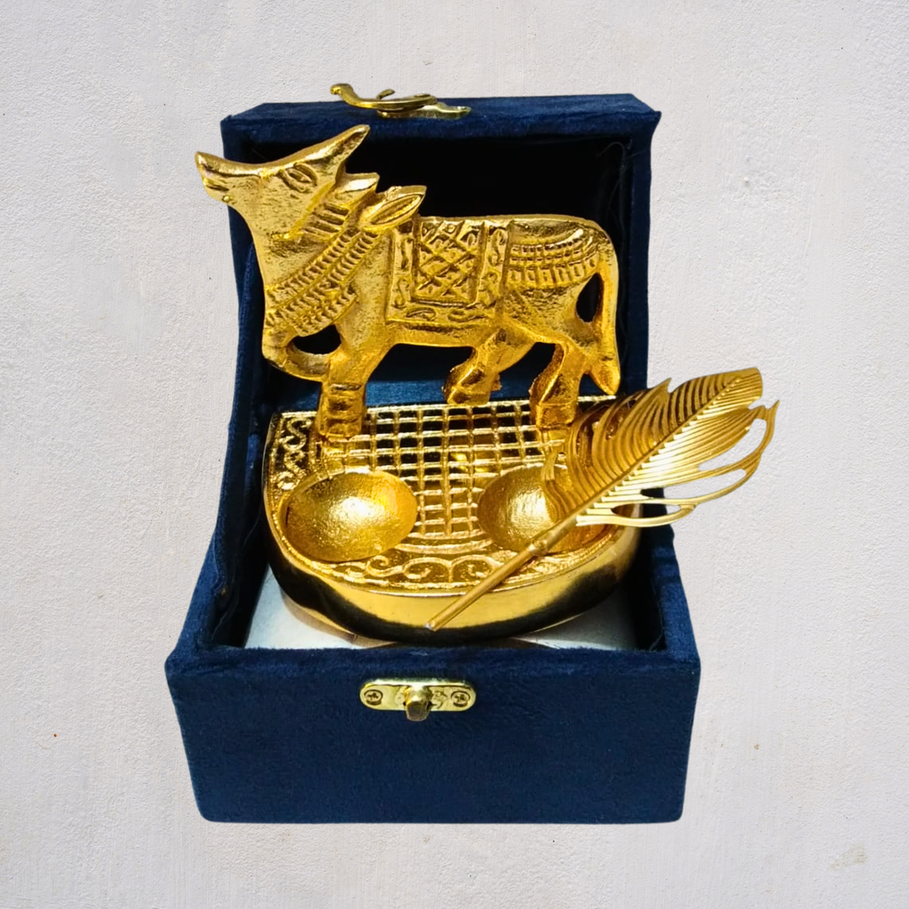 Decorative Kamdhenu Cow Idol Set with Stick & Velvet Gift Box