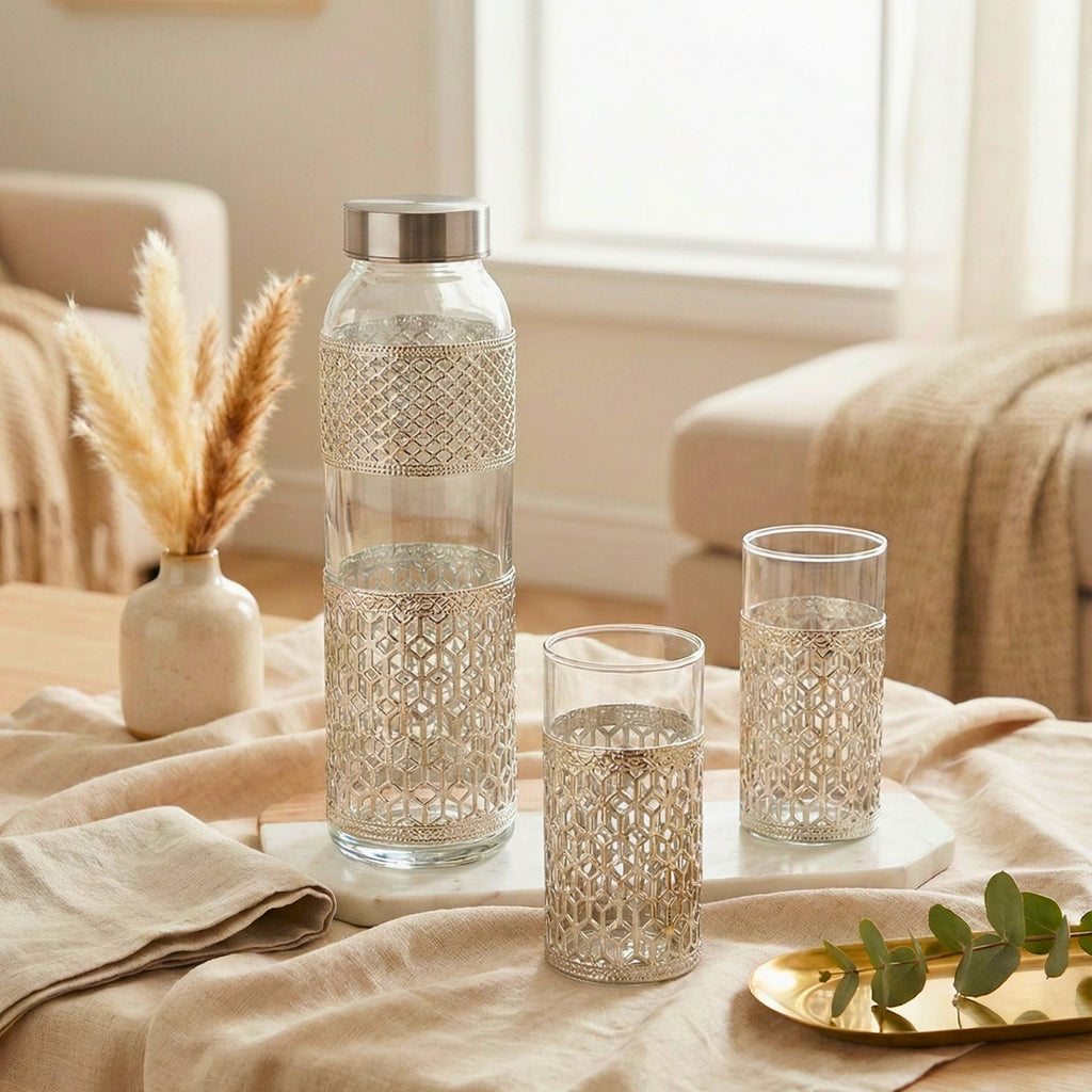 Aurelia Luxe Designer German Silver Bottle & Glass Set