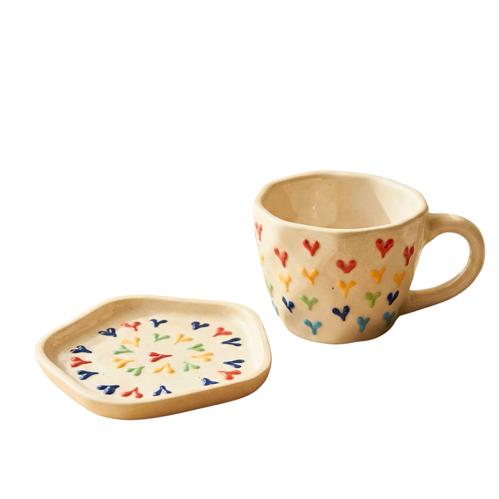 Rainbow Hearts Ceramic Cup & Saucer Set