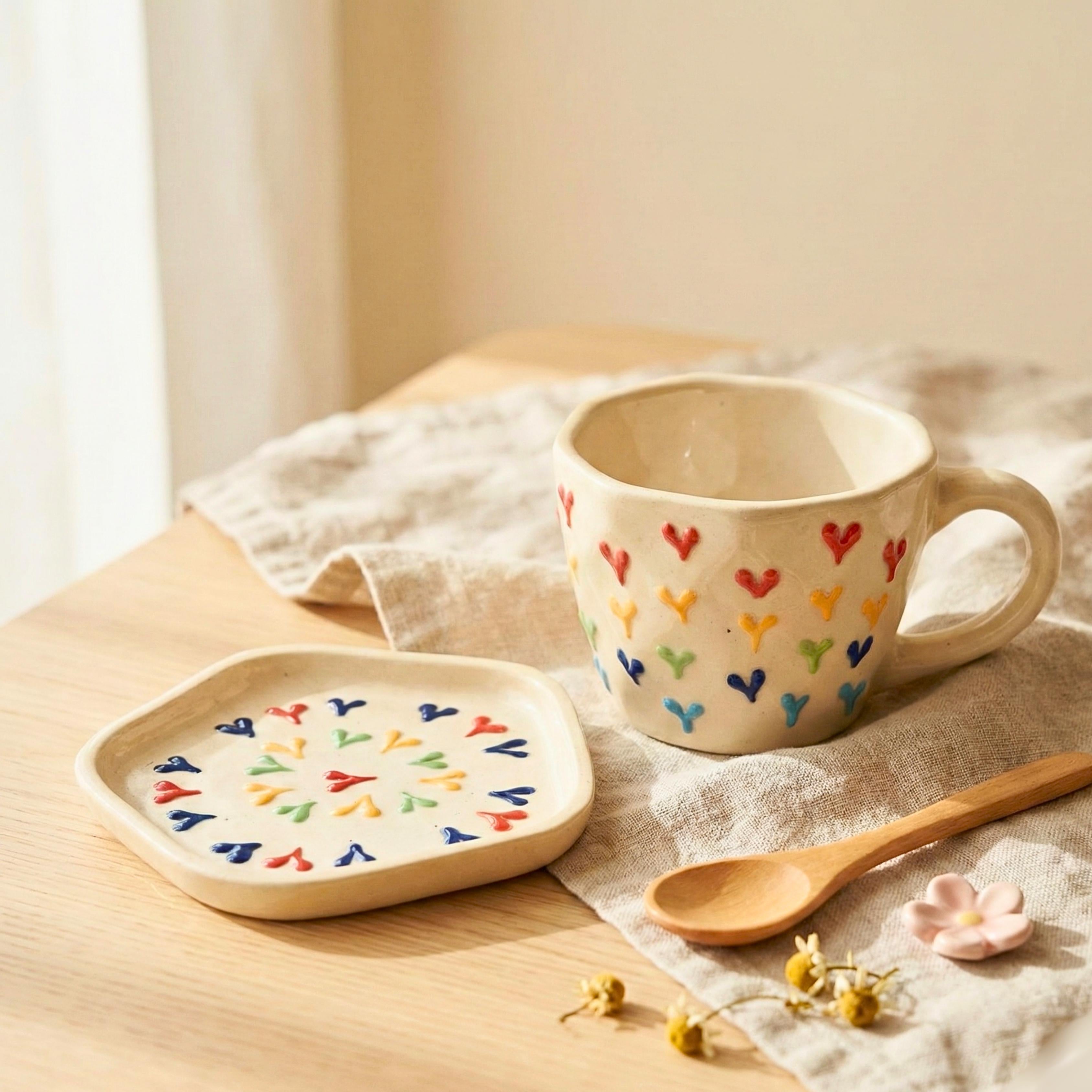 Rainbow Hearts Ceramic Cup & Saucer Set