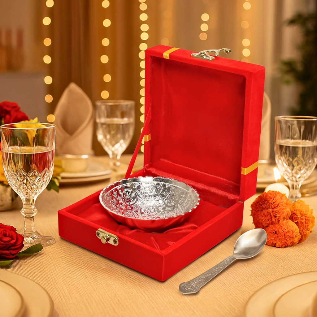 Festive German Silver Bowl & Spoon Set with Gift Box