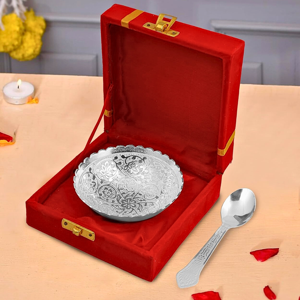 Festive German Silver Bowl & Spoon Set with Gift Box