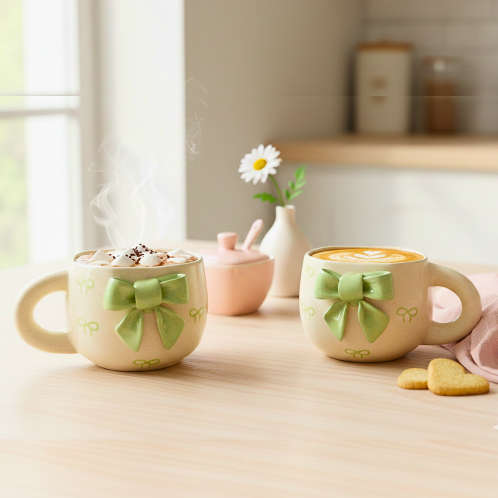 Green Bow Ceramic Mug Set of 2