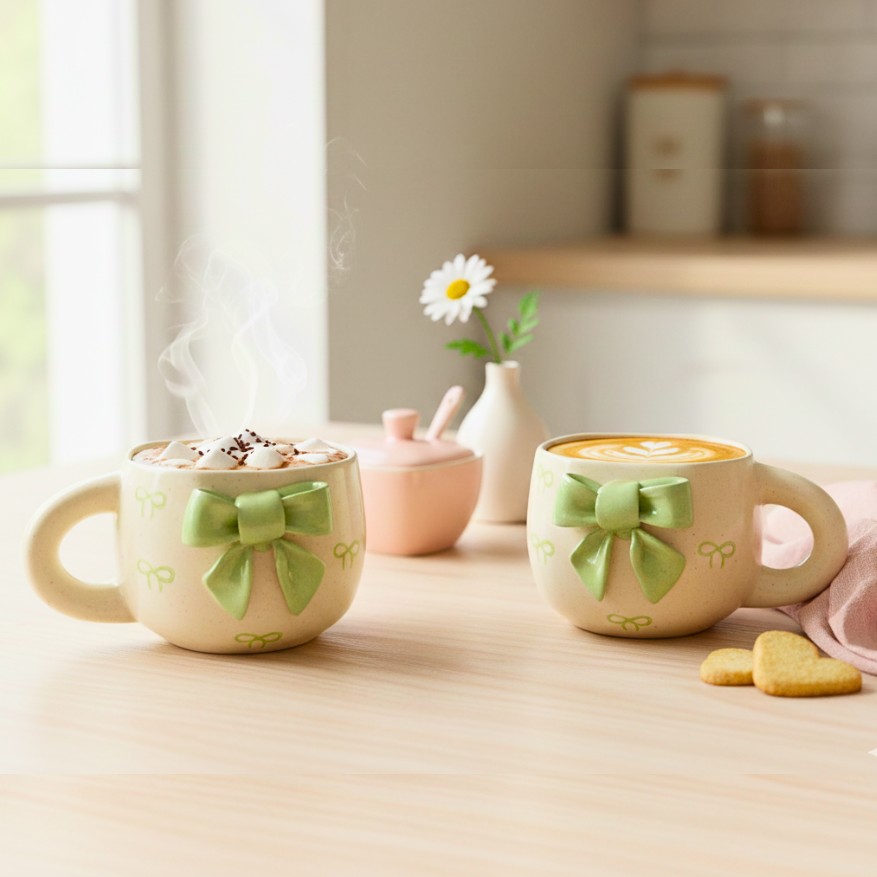 Green Bow Ceramic Mug Set of 2