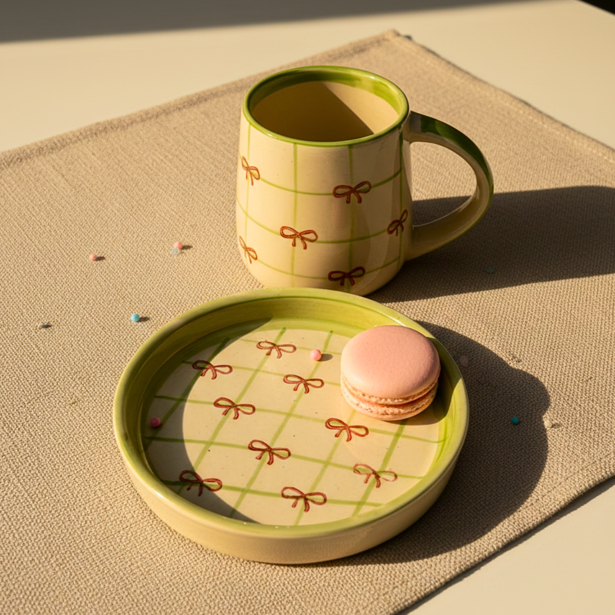 Soft Green Bow Pattern Cup & Saucer Set