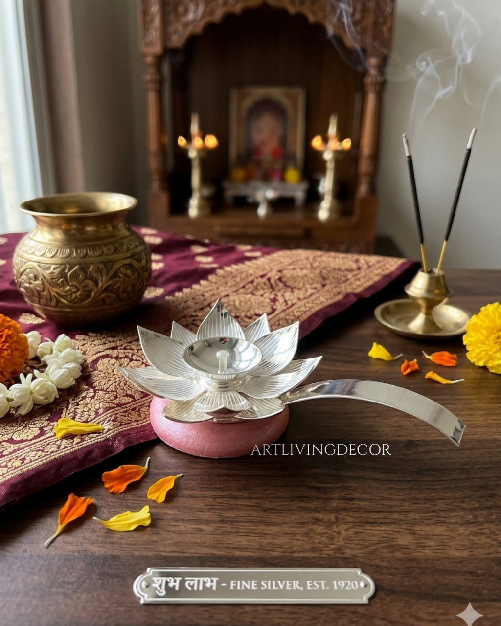 Handcrafted Metal Diya with Handle & Pink Resin Base