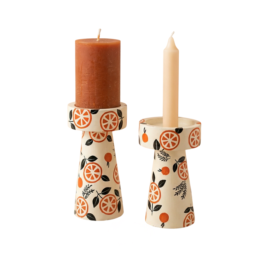 Hand-Painted Citrus Design Wooden Candle Holder Set of 2