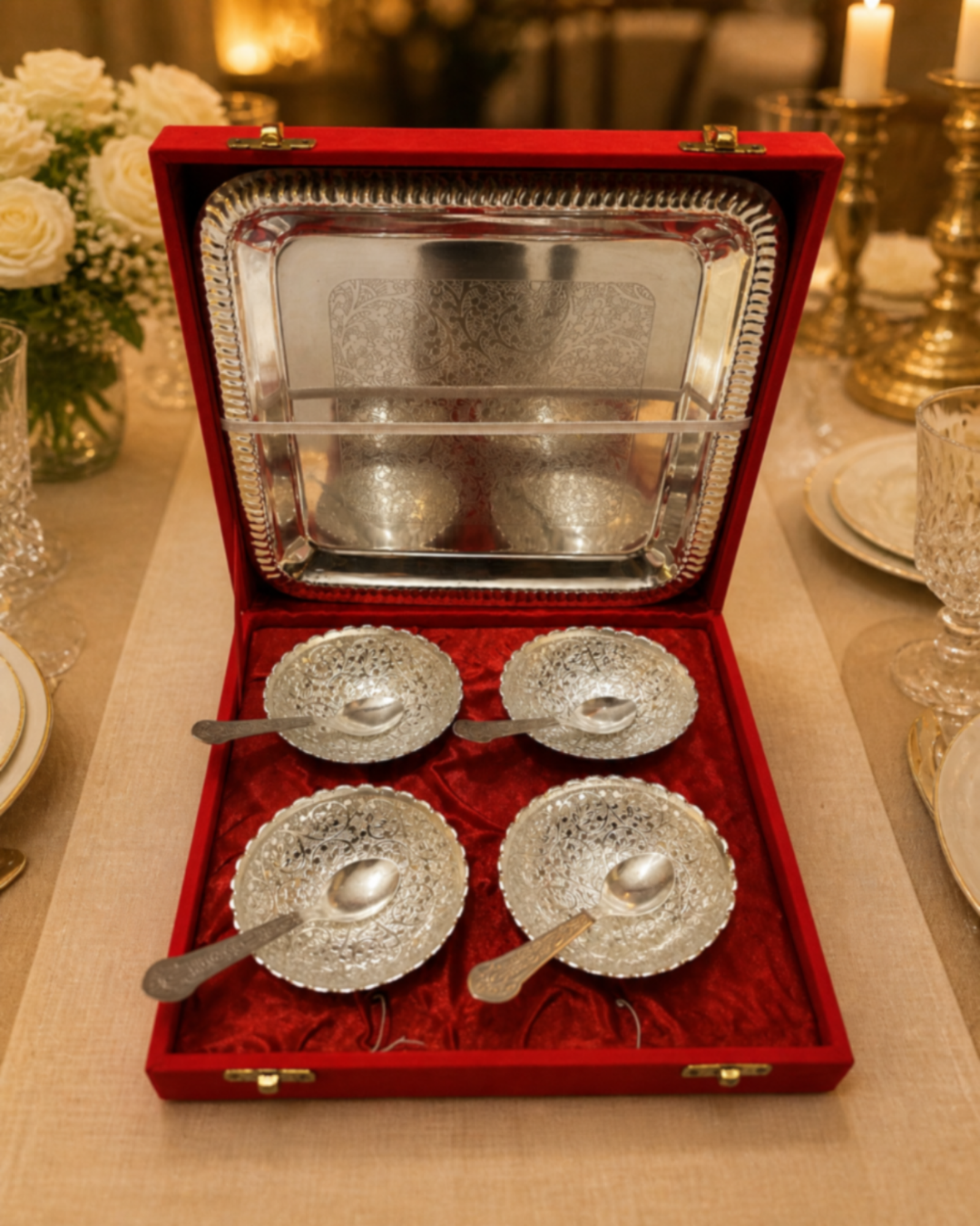 Premium Gifting Set of 4 Silver Set with Plate, Spoons and Bowls