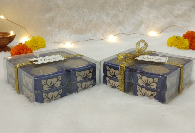 Handpainted Ceramic Square Tea Light Holder Set of 8