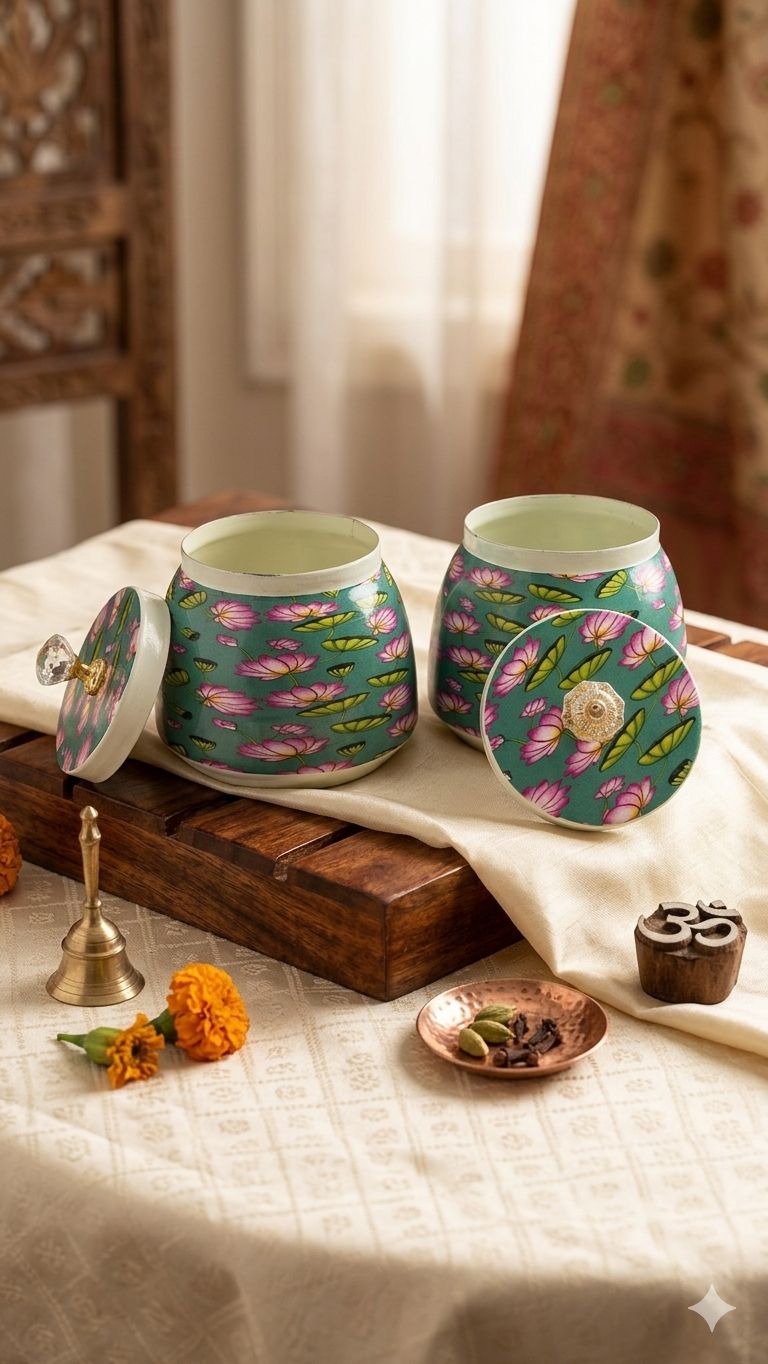 Regal Floral Metal Basket With 4 Jar's set