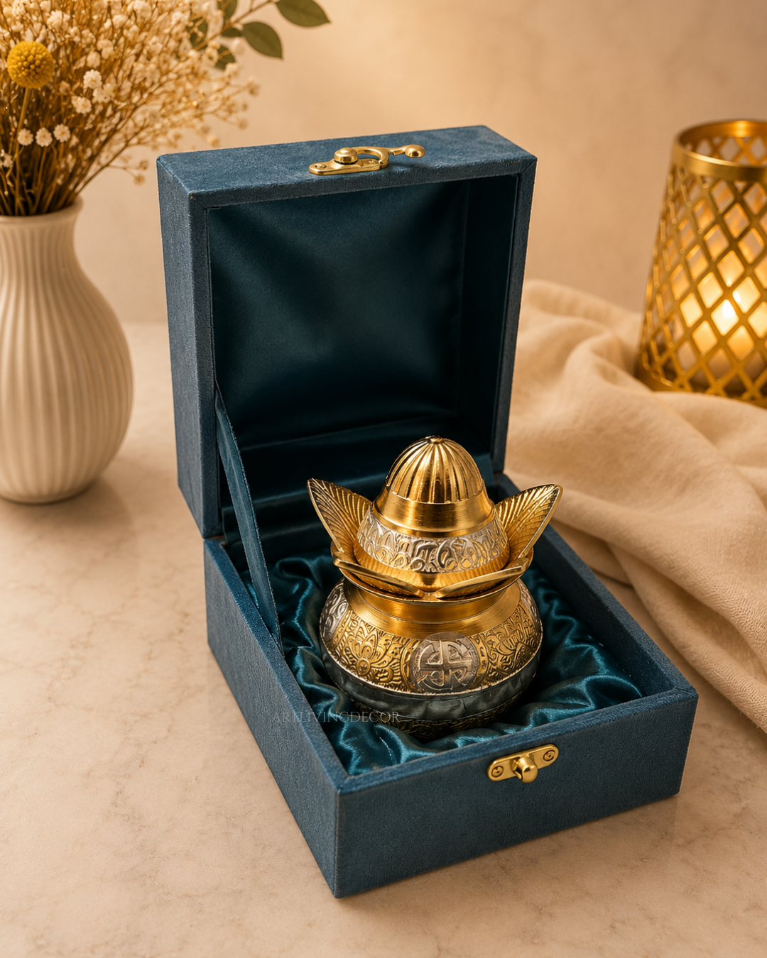 Divya Pooja German Silver Kalash & Coconut set with Velvet Box