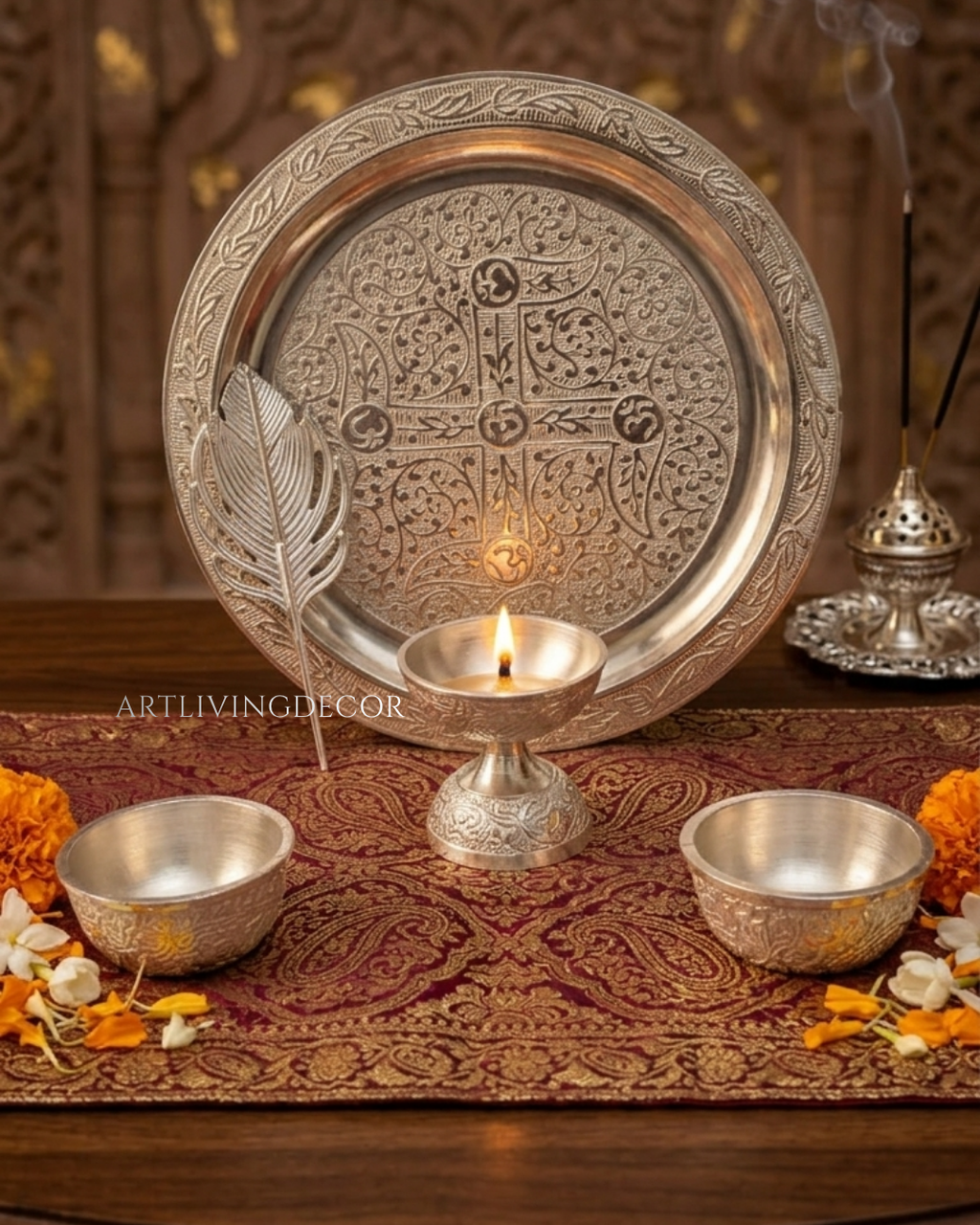 Festive German Silver Pooja Thali Set & Tilak Stick with Gift Box