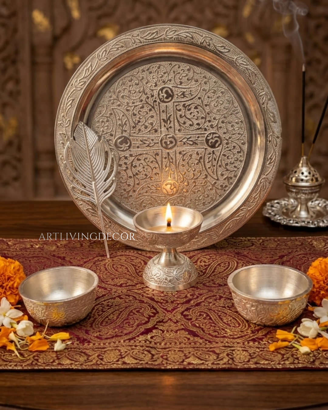 Festive German Silver Pooja Thali Set & Tilak Stick with Gift Box