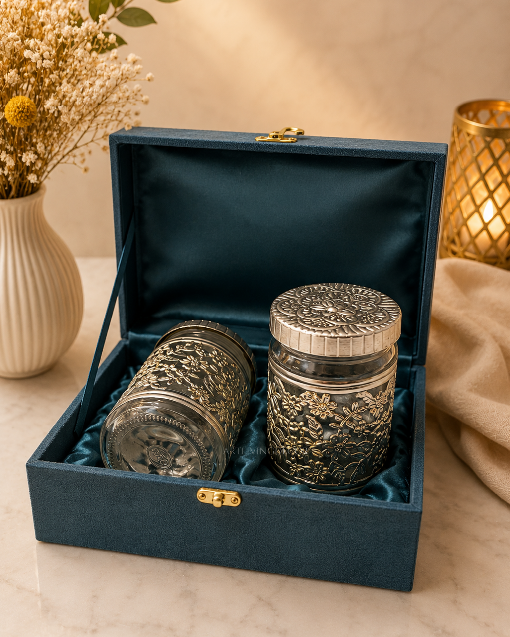 Elegant Floral Glass 2Pc Dry Fruit Jar Set with Premium Velvet Gift Box