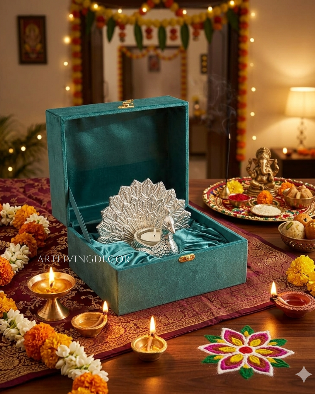 Royal Decorative Peacock With Glass Candle Votive with velvet box