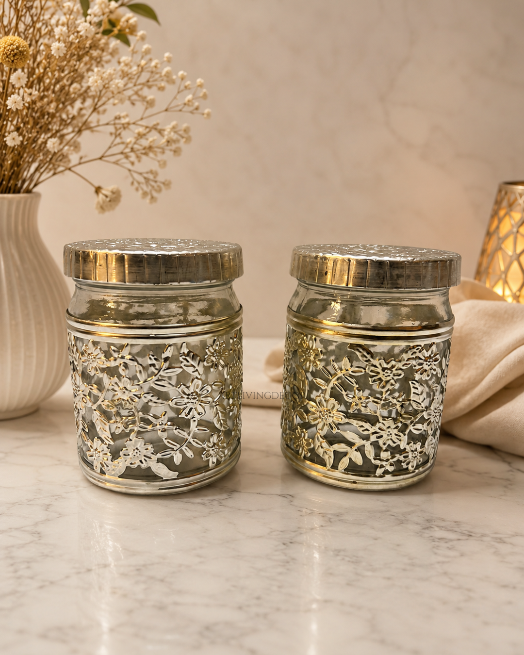 Elegant Floral Glass 2Pc Dry Fruit Jar Set with Premium Velvet Gift Box