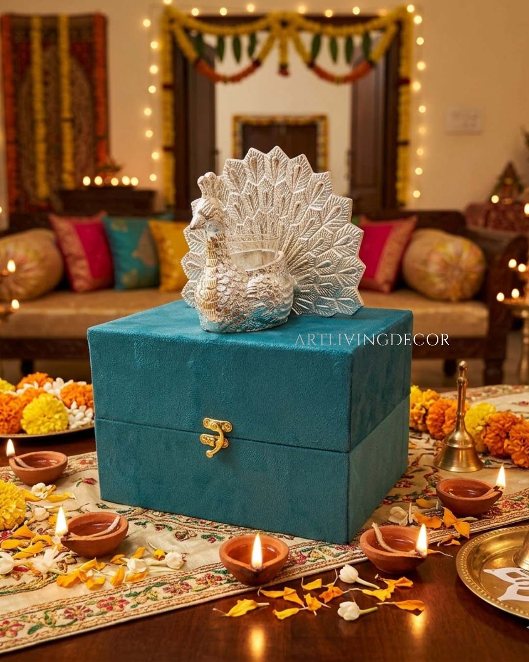 Royal Decorative Peacock With Glass Candle Votive with velvet box