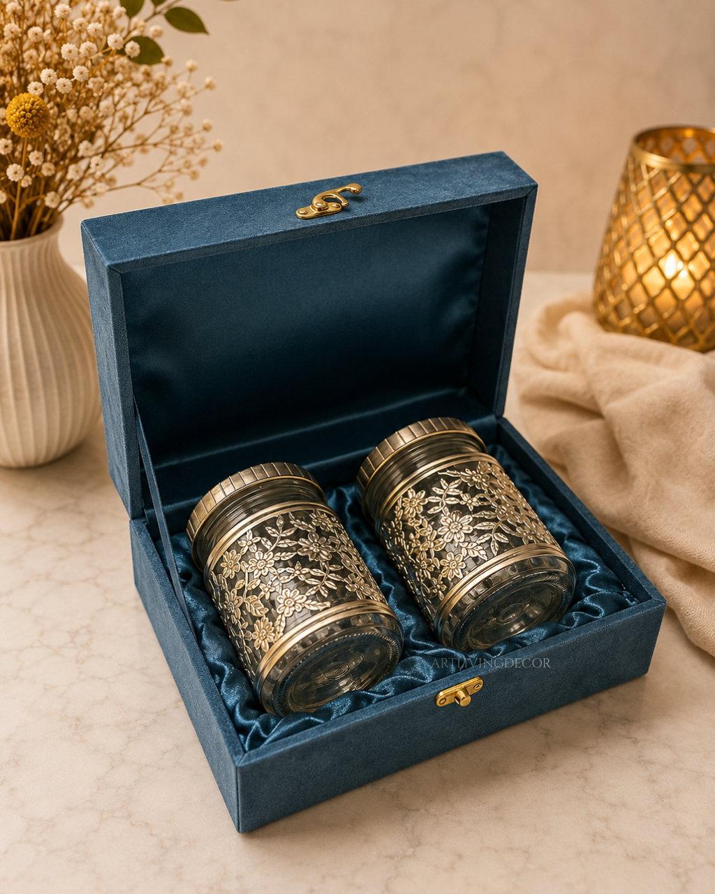 Elegant Floral Glass 2Pc Dry Fruit Jar Set with Premium Velvet Gift Box