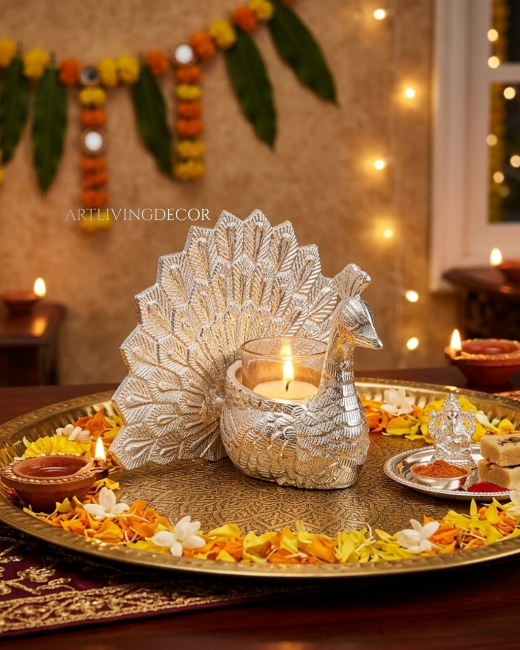 Royal Decorative Peacock With Glass Candle Votive with velvet box