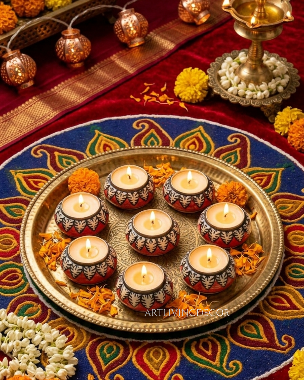 Handpainted Ceramic Round Tea Light Holder Set of 8