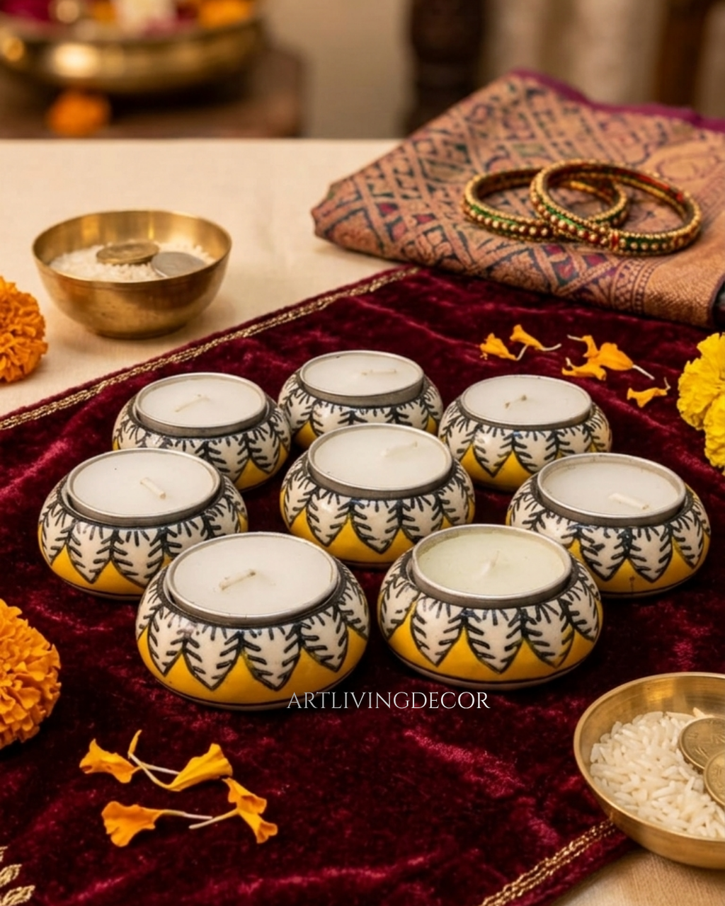 Handpainted Ceramic Round Tea Light Holder Set of 8