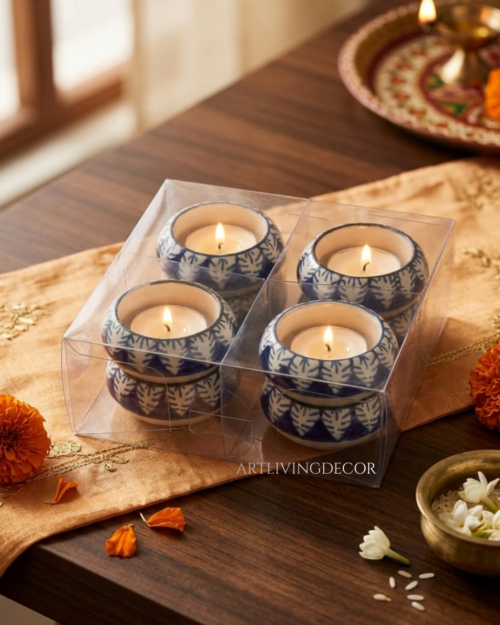 Handpainted Ceramic Round Tea Light Holder Set of 8