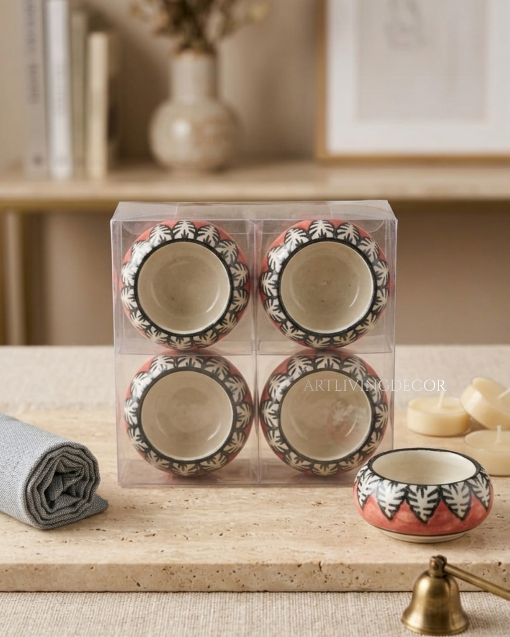 Handpainted Ceramic Round Tea Light Holder Set of 8