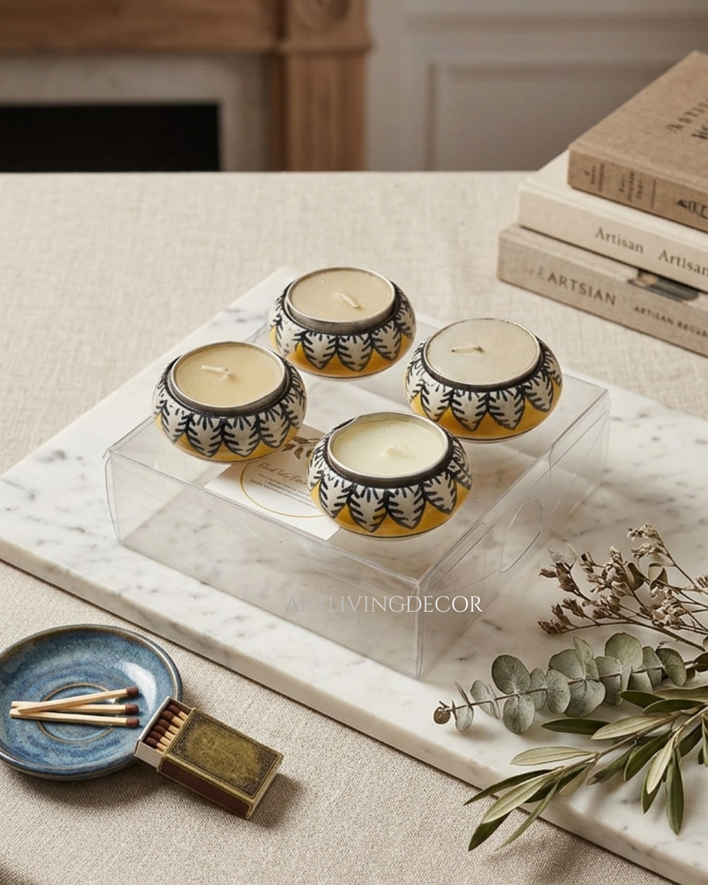 Handpainted Ceramic Round Tea Light Holder Set of 8