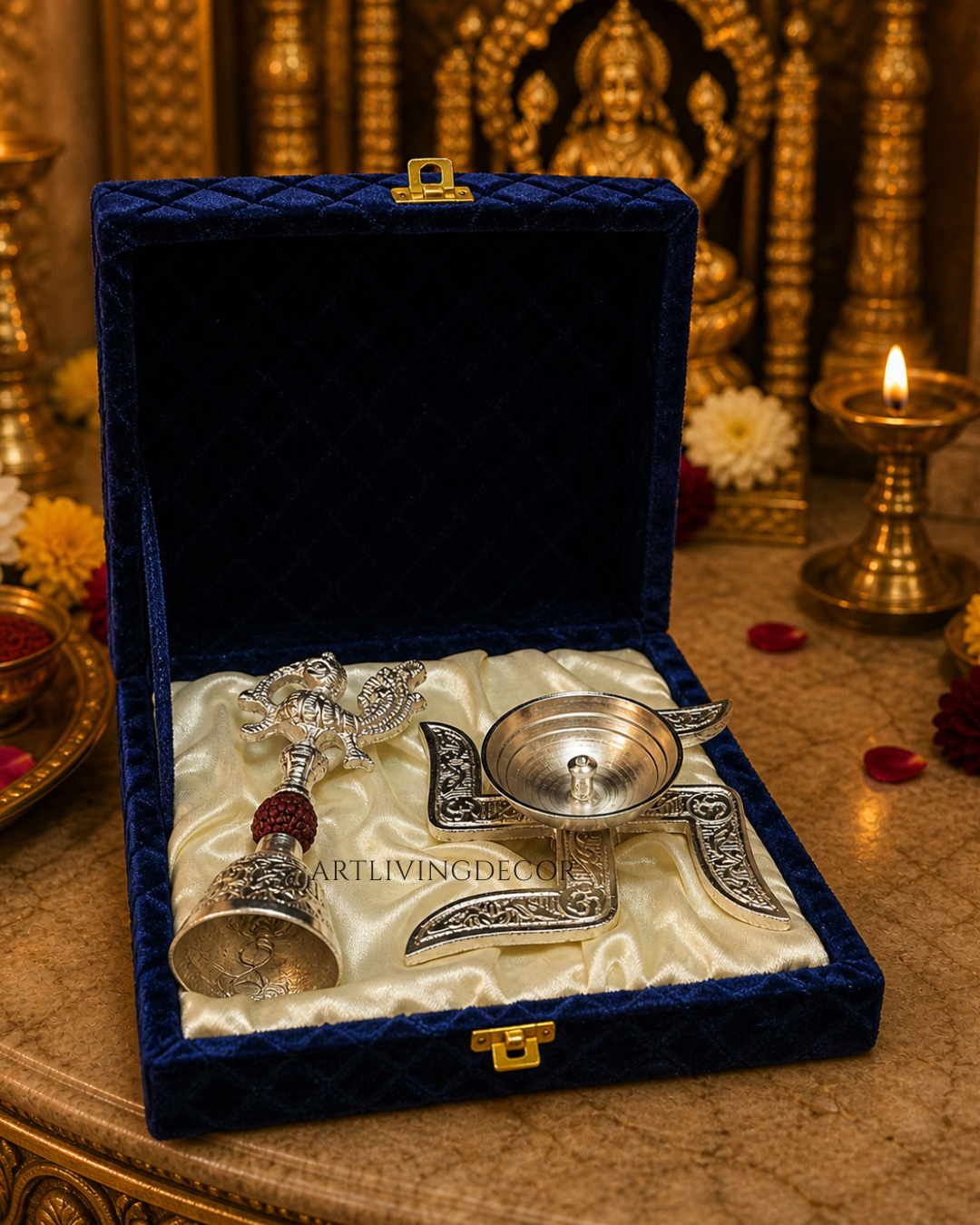 Traditional Swastik Diya and Bell Set in Silver Finish: Pooja Essentials Combo