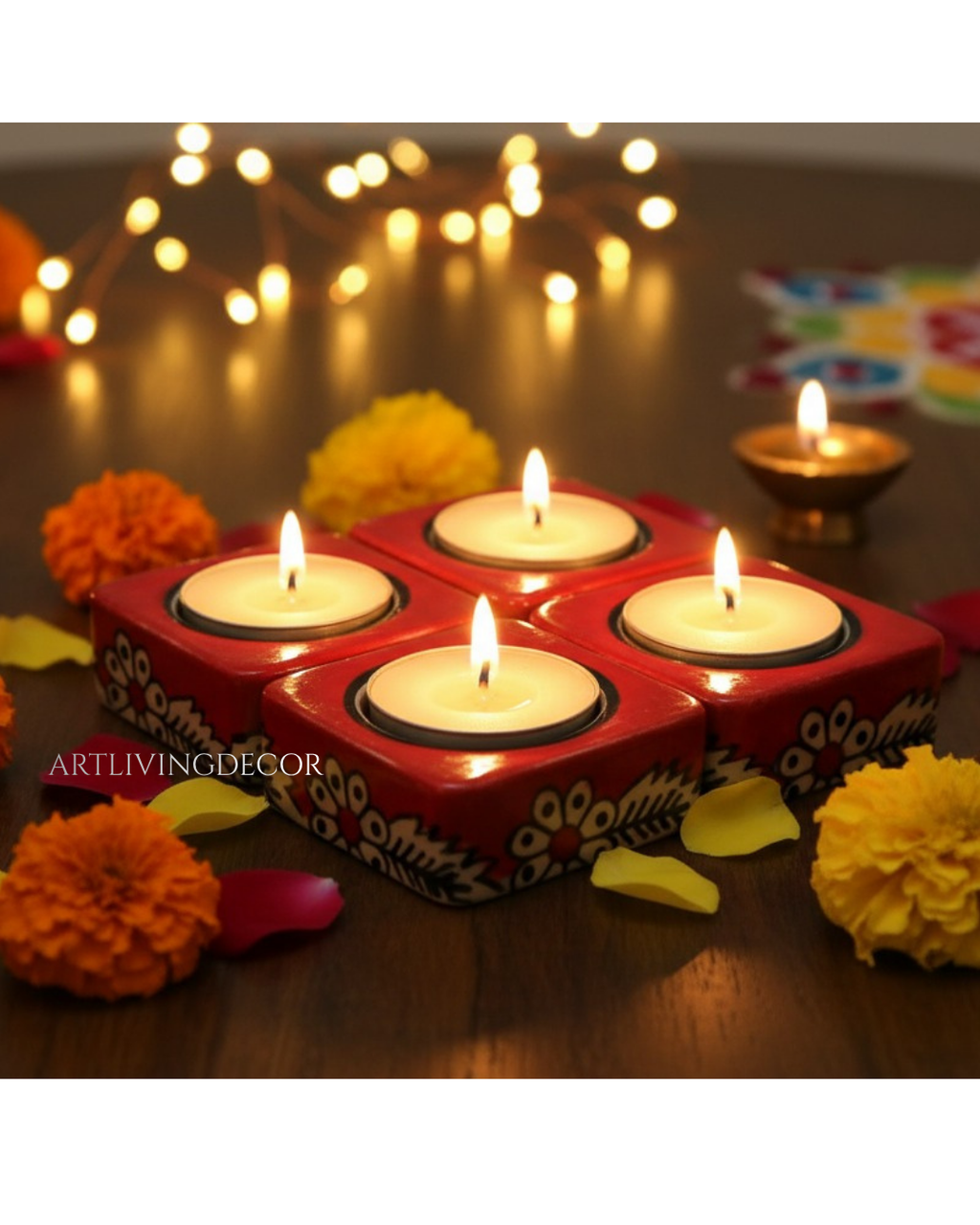 Handpainted Ceramic Square Tea Light Holder Set of 8